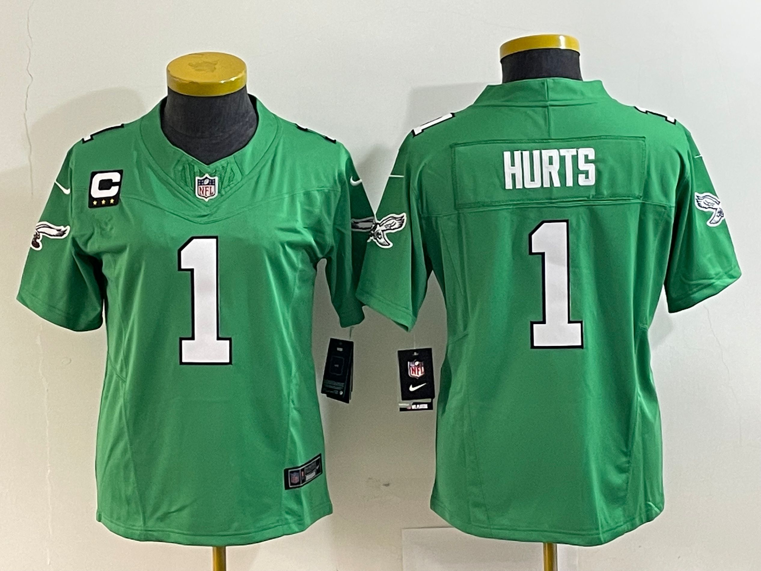 Women's Philadelphia Eagles #1 Jalen Hurts Green 2023 F.U.S.E. With C Patch Stitched Football Jersey(Run Small)